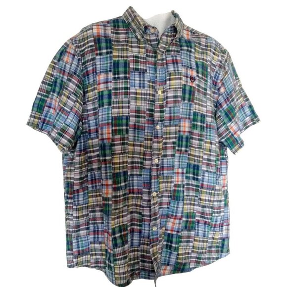 Chaps Men's Shirt Large Patchwork Plaid Cotton Multi-Color Short Sleeve - Picture 1 of 4